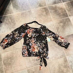 CeCe Black Floral Tie-Hem Off-Shoulder Blouse